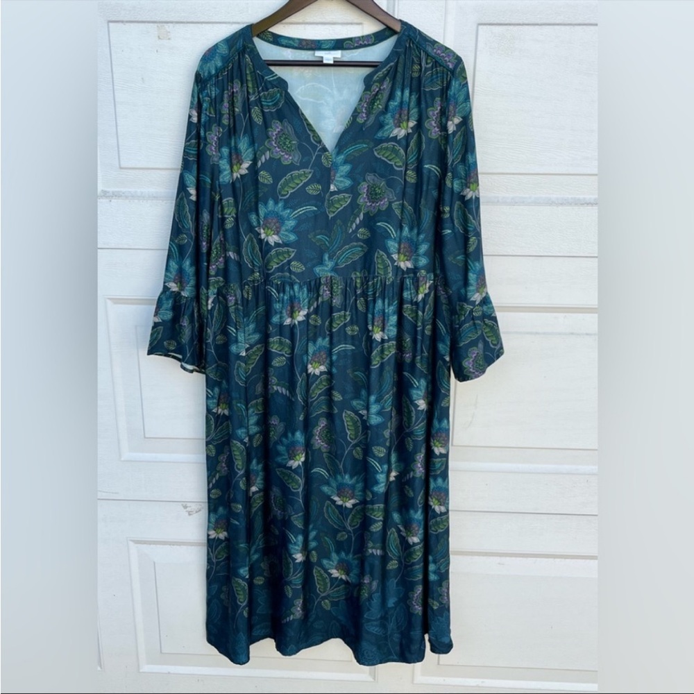 J Jill Garden Green Floral Paisley Dress Casual Babydoll Tunic Boho L